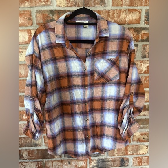 Daytrip Orange and Blue Plaid Button Down Shirt - Picture 2 of 7